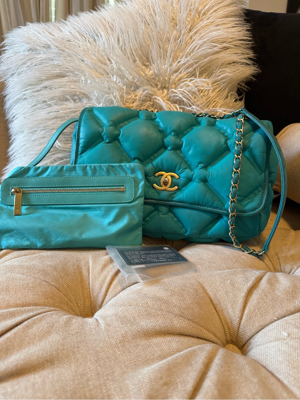 CHANEL Turquoise Chestfield Flap Shoulder Bag with Gold-Tone Chain